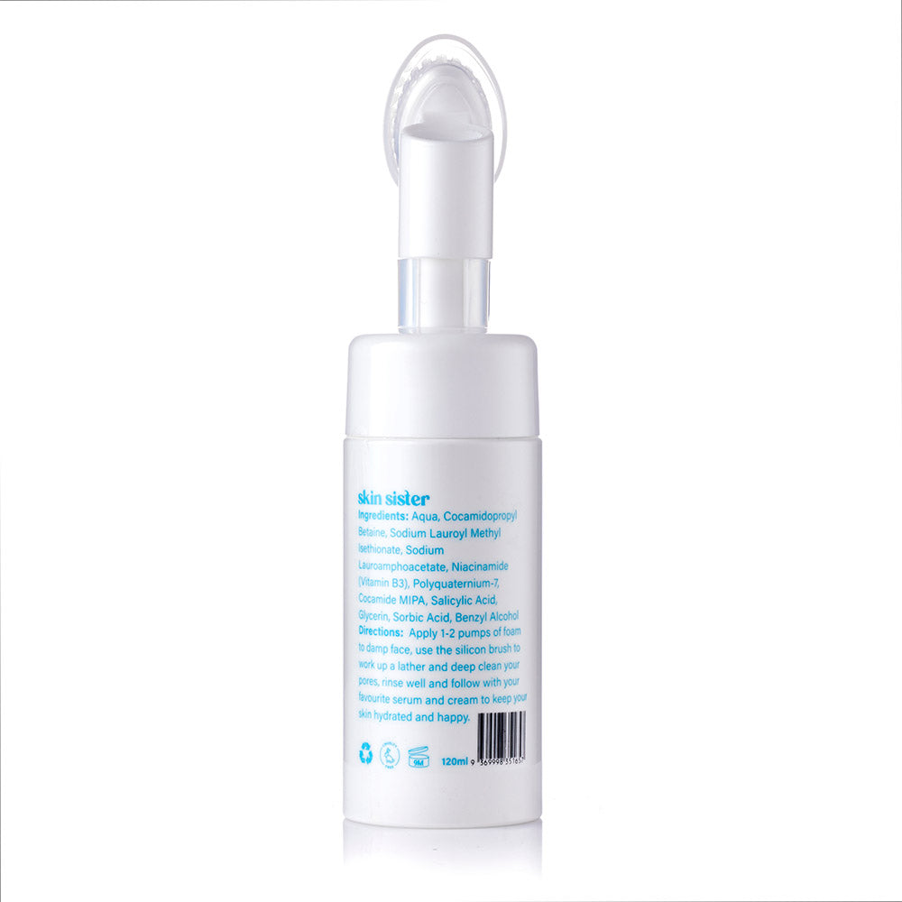 Hybrid Cleanser, gentle cleanser ingredients matched with a silicone application brush to deep clean pores. Back view. 