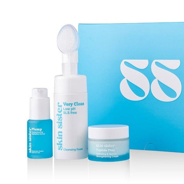 three step skincare system step 1 cleanse step 2 serum step 3 moisturiser front view
